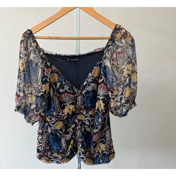 INC Top Large Romantic Floral Sheer Puff Sleeve Blouse Fairy Grunge Whimsigoth - Picture 3 of 11